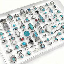20Pcs/Lot Retro Bohemian Style Turquoise Rings For Women Mix Style Blue Artificial Stone Finger Jewelry Set Party Gifts Random Style