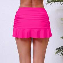 Halcurt Women's Low Waisted Ruched Ruffle Swim Skirts With Hipster Bikini Bottoms Tummy Control Swimsuit - Hot Pink 1 - View 5