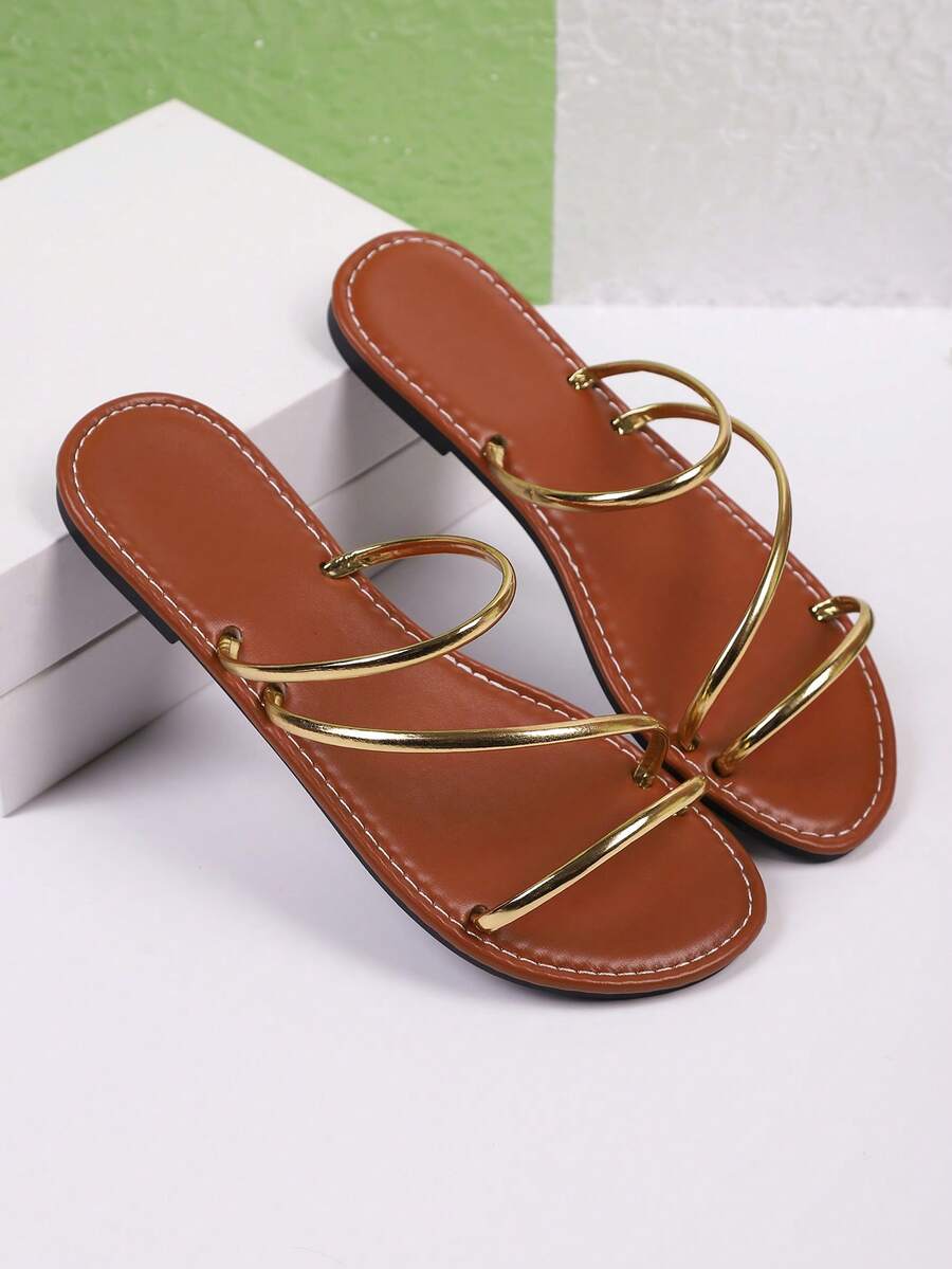 女士时尚金色轻质奢华系带凉鞋，简约优雅，适合日常通勤和度假，女士平底拖鞋
