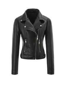 Women's PU Collar Jacket, Spring/Autumn New European And American Style, Solid Color Zipper Pockets Button Decor, Commuter Casual Travel Motorcycle Outwear - Black - View 2