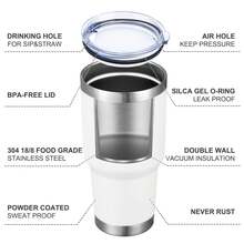 Taza de viaje con aislamiento al vacío de doble pared de 30 oz, vaso de acero inoxidable con tapa, pajita y cepillo para vaso, taza de café aislada con recubrimiento de polvo duradero para bebidas frías y calientes,900ml - Blanco - Ver 3