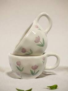 Ceramic Coffee Cup With Flower Pattern, Cups For Home, Office Or Breakfast, Milk Cup, School Utensils - Multicolor - View 7