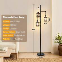 Dimmable Floor Lamps For Living Room, 3-Light Industrial Floor Lamp With Wood & Metal Cage, Farmhouse Standing Lamp Tall Tree Lamp For Bedroom Office, Rustic Black Tall Floor Lamp For Corner - 美規A型插(110-127V) - 查看 4
