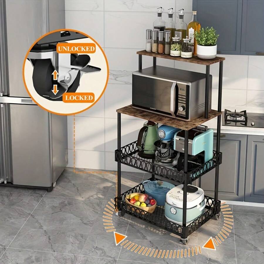 [Stainless Steel Microwave Stand] 4-Tier Stainless Steel Microwave Stand With Wheels - Versatile Kitchen & Restaurant Storage Solution - 黑色 - 查看 1