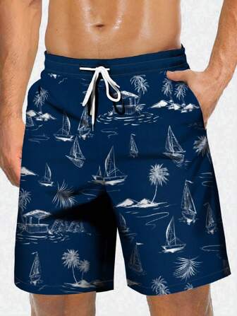 Herrbadbyxor med Halloween-kokosnöts-segelbåtslinjekonst 3D-digitalt tryck, Casual Vardags-Högtidsstrandshorts med dragsko, Enkelt lager utan foder