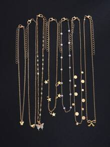 7pcs Set Butterfly, Star, Heart, Geometric Circle Faux Pearl, Crystal Rhinestone, Tassel Pendant Multilayer Necklace Charm, Elegant, Vintage, Chic Design, Suitable For Holiday, Party, Daily Wear, Gift