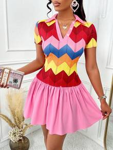 Vestido mini con cuello en V pequeño, de manga corta, ajustado, con efecto de volumen y patrón de imitación de tejido de espiga (patrones aleatorios) para mujer en verano - Rosa - Ver 2