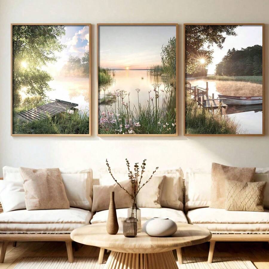 Bộ 3 tranh phong cảnh nông thôn hiện đại trên vải canvas - Tranh ba tấm hình học không khung tinh tế, ảnh chụp thiên nhiên - Thích hợp trang trí nhà cửa, văn phòng, phòng khách và phòng ngủ, lý tưởng cho trang trí theo mùa và làm quà tặng độc đáo. - Nhiều màu - Xem 1
