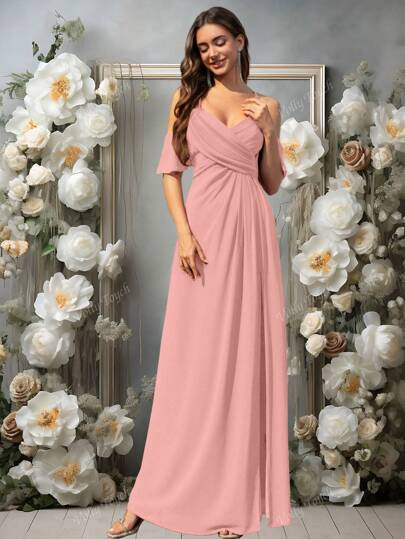 Volly Toych Vestido elegante de dama de honor de chifón plisado con cuello en V y longitud hasta el piso, con silueta de línea A