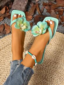Dép xăng đan đế bằng hở mũi họa tiết hoa giả, cỡ lớn, kiểu dáng mới mùa hè 2025 dành cho nữ. - màu xanh lá - Xem 6