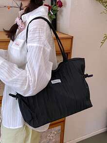 Bolsa de tote de gran capacidad, de unicolor y de pana simple - Negro - Ver 2