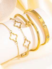 Conjunto de 4 peças ZNICE, pulseira de aço inoxidável banhada a ouro 18K com quatro folhas de flores, pulseira de corrente com quatro folhas de flores vazadas, adequada para festas femininas, uso diário, estilo europeu e americano, personalizada, generosa, luxuosa pulseira de zircônia cúbica, ótimo presente para meninas, mulheres, parentes, amigos