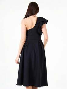 CEYLEN Women's Solid Color One Shoulder Ruffle Sleeve Elegant Mid-Length Dress - Black - View 3