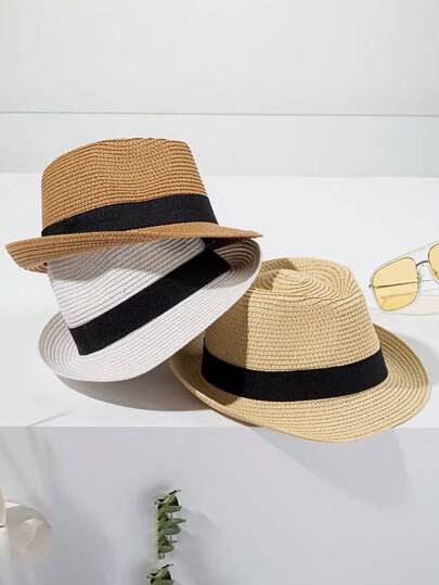 1 szt. Słomkowy kapelusz Fedora dla kobiet i mężczyzn, składany, krótki rondo, zwijany, kapelusz Trilby, Panama, letni, plażowy, przeciwsłoneczny, swobodny styl