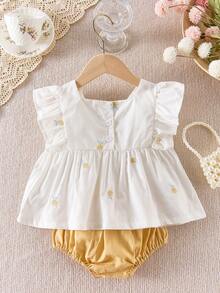 Baby Girls Floral Cap Sleeve Top And Solid Color Shorts 2-Piece Set, Summer - Yellow - View 9