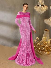 Faeriesty Vestido de noche elegante de lentejuelas y cuentas con diseño de sirena de Faeriesty, con tren asimétrico transparente y detalles en perlas - Perfecto para galas de alfombra roja, bodas de etiqueta negra, eventos de marcas de lujo y ceremonias de premios