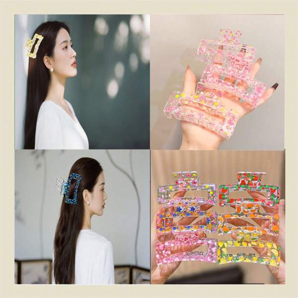 2Pcs Square Fruit Printed Transparent Women's Hair Clip, Retro Elegant Style, Fruit And Flower Pattern Design, Durable Resin Hair Clip For All Seasons, Hair Clip For Showering, Suitable For Home, Travel, Party Decoration, Holiday Gifts Back To School