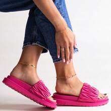 女士厚底拖鞋平底凉鞋，系带防滑厚底休闲户外/室内蓬松流苏拖鞋 - 玫紅色 - 查看 3