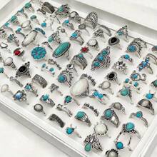 20Pcs/Lot Retro Bohemian Style Turquoise Rings For Women Mix Style Blue Artificial Stone Finger Jewelry Set Party Gifts Random Style