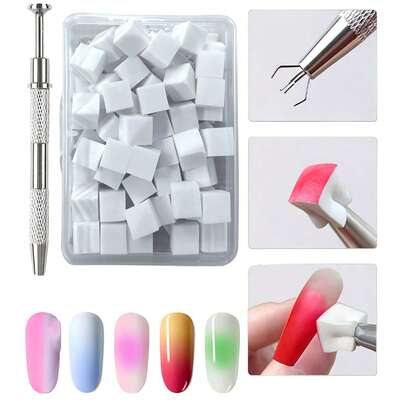 200/100片可替换迷你美甲渐变海绵块，带金属手柄，适用于渐变美甲、美甲工具、美甲用品、美甲配件、美甲沙龙套装、渐变美甲印花工具、凝胶指甲油渐变刷、渐变美甲刷、渐变凝胶美甲海绵块、渐变指甲油工具（带收纳盒）