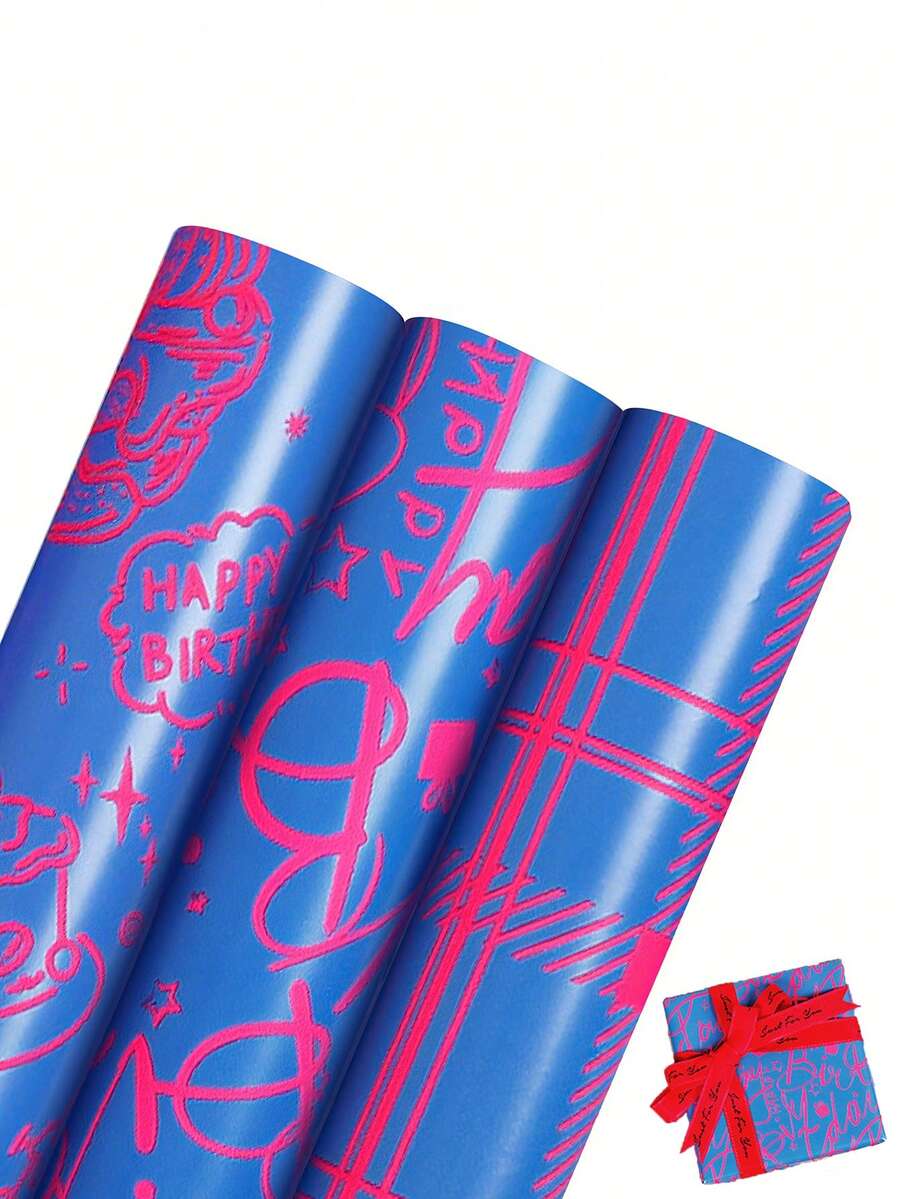 1 rolka fluorescencyjnego papieru do pakowania, fluorescencyjne litery papier do pakowania prezentów na ślub, urodziny, wieczór panieński, walentynki, dzień matki, przyjęcie świąteczne, bukiet kwiatów DIY - Niebieski Różowy - Zobacz 1