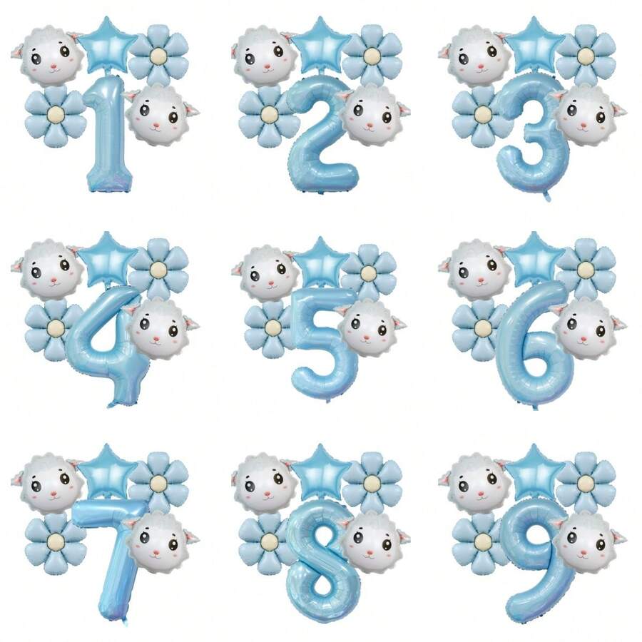 1 Lamb Head Balloon, 1 Blue Daisy Balloon, 1 Light Blue Star Balloon, 1 Set Of Pearl Blue Number 1-9 Foil Balloons. Suitable For Birthday Party Decoration, Anniversary Decoration - Multicolor - View 1