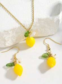 3pcs/Set Summer Fresh & Sweet Lemon Necklace & Earrings Set, Nature Inspired Fruit, Flower, Leaf Pendant Jewelry For Women