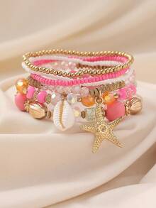 6 件套海洋主题彩色树脂几何贝壳串珠波西米亚多层脚链套装，适合女性休闲佩戴、在海滩佩戴或作为节日礼物 - 彩色 - 查看 15