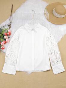 Plus Women's Lace Hollowed Out Long Sleeved Shirt - White - View 3