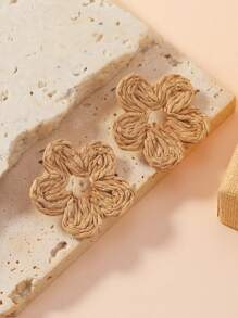 1 Pair Handmade Raffia Straw 6-Petal Flower Stud Earrings In Contrasting Colors Like Beige, Blue, Green, Pink - Bohemian Style, Suitable For Daily Wear