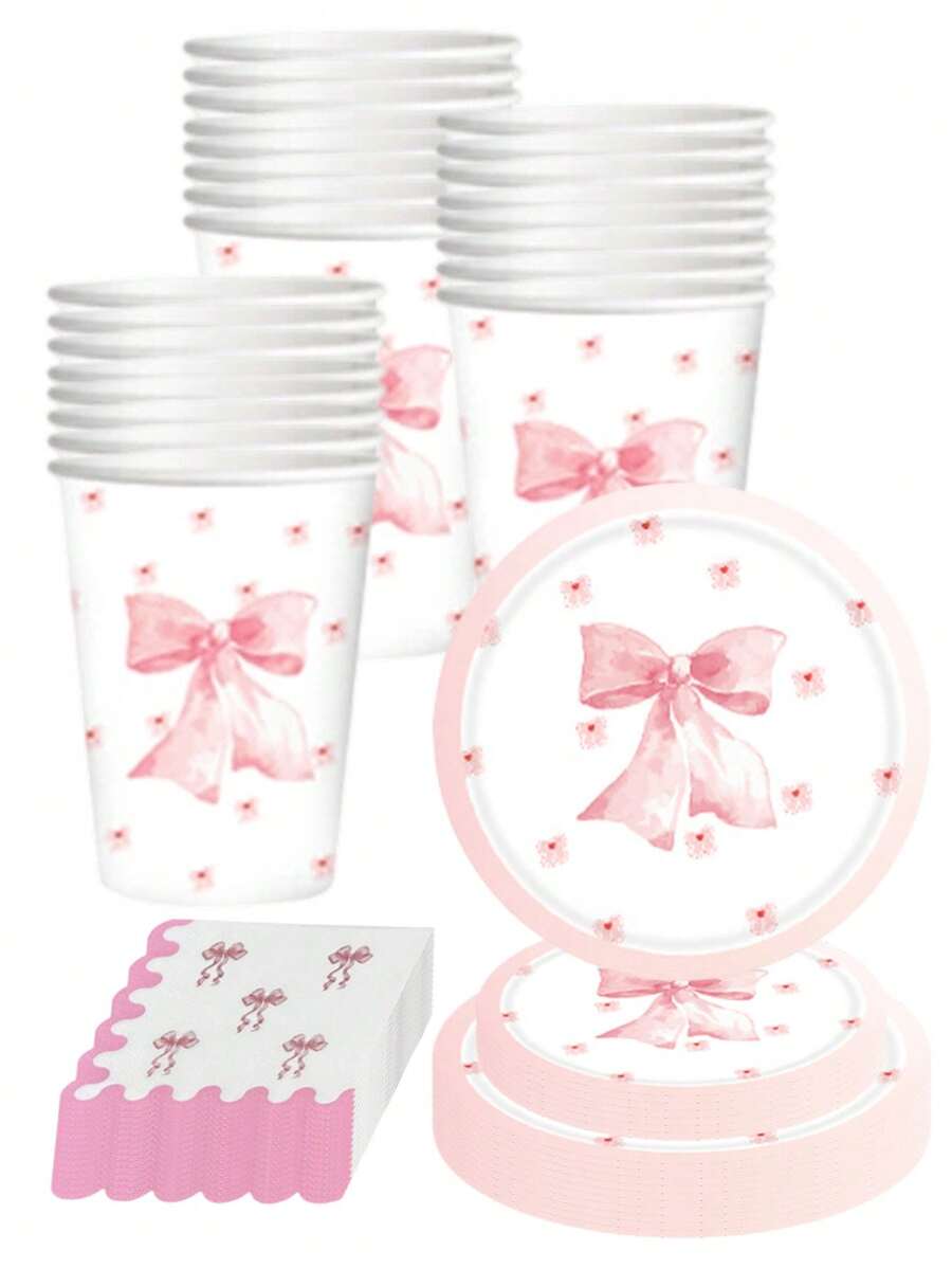 10件套粉色蝴蝶结一次性餐具套装 - 包括9/7英寸餐盘、9盎司杯子和餐巾纸，适合生日派对、女孩派对和春季聚会 - 彩色 - 查看 1