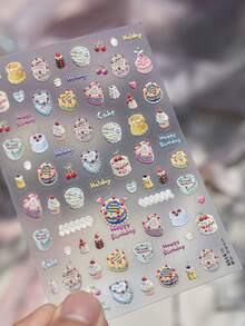 1张生日快乐主题美甲贴纸，蛋糕蜡烛图案，自粘式5D立体卡通贴纸，适合家庭美甲沙龙，女士DIY生日庆祝美甲用品，生日祝福美甲 - 彩色 - 查看 14