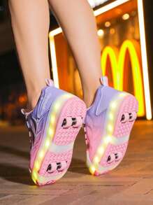 女士LED闪光休闲运动鞋，适合所有季节，时尚旋转扣舒适旱冰鞋优雅渐变平底户外滑板鞋跑步运动鞋