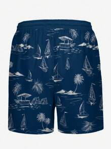 Men's Swimming Trunks With Halloween Coconut Sailboat Line Art 3D Digital Print, Casual Daily Holiday Beach Shorts With Drawstring, Single Layer No Lining - Royal Blue - View 4