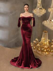 Vestido de noche de sirena de lujo con un solo hombro, con volantes en cascada y detalles de moño - Vestidos de gala formales para eventos de alfombra roja, bodas de lujo, estrenos de teatro, galas benéficas y galas formales, vestido de fiesta, invitado de boda