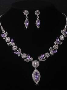 Luxury Purple Bling Rhinestone Necklace Earrings Set,Bride Wedding Dress Accessories, Stage Show Jewelry