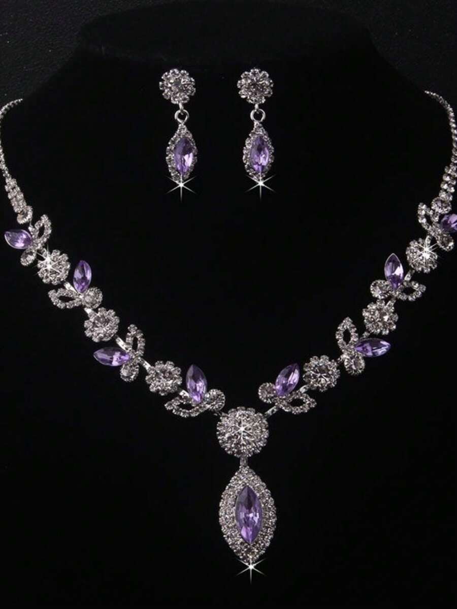 Luxury Purple Bling Rhinestone Necklace Earrings Set,Bride Wedding Dress Accessories, Stage Show Jewelry