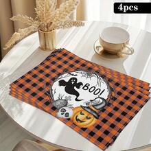 4 pièces Sets de table en lin imprimés d'éléments de citrouille, de diable et de crâne pour Halloween - Sets de table rectangulaires en lin tissé, à utiliser dans le salon, la cuisine, la table de café, la décoration de table de salle à manger