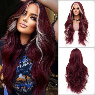 Burgundy Highlighted Gold Long Loose Wavy Wig 34 Inches With Center Part Bangs Soft And Fluffy High-Temperature Resistant Fiber Suitable For Women's Daily Wear, Holiday Gatherings, Wedding Parties, Halloween, Christmas, Cosplay, Y2K Winter Casual Street Style, And More