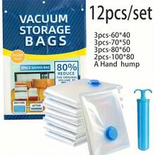 Conjunto de 12 sacos de armazenamento a vácuo, sacos de compressão combinados de vários tamanhos com 1 bomba manual, pacote de compressão para roupas sazonais de Natal, organizador portátil de roupas de viagem de plástico para cobertores, roupas de cama, edredons, economizador de espaço em casa e viagens