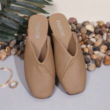 US Style Square Toe Slip-On Mules For Women, Summer 2025 New Retro Soft Flat Slip-On Slide Sandals, Casual & Comfortable - Light Brown - View 3