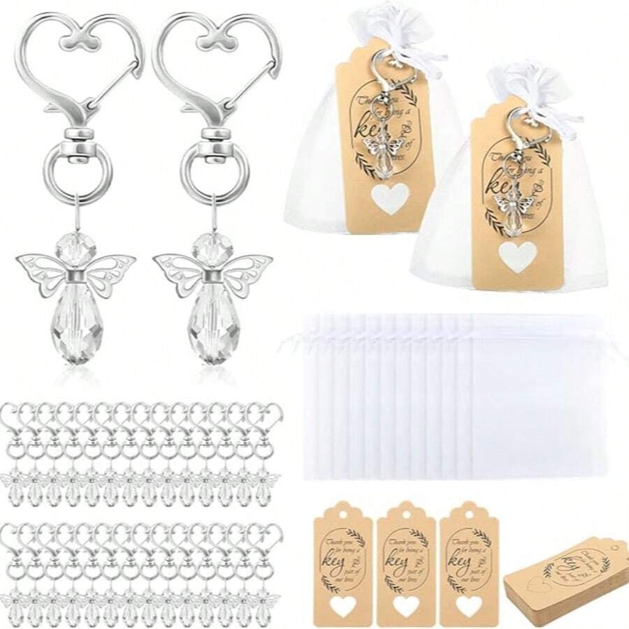 30 pièces Porte-clés cœur en forme d'aile d'ange argenté, comprenant 30 porte-clés, 30 cartes de remerciement et un sac en organza, convenant pour les cadeaux de baptême, mariage et première communion