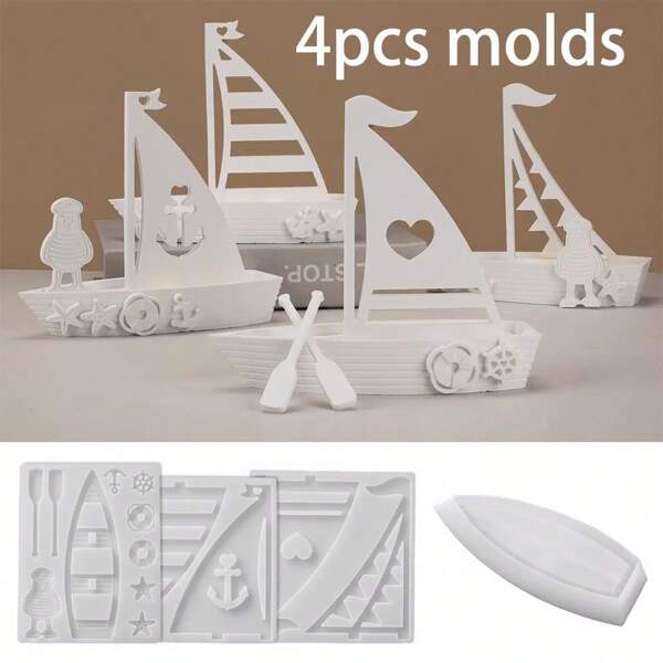 4 Stücke DIY Gips Zement Cut Out Boot Ornament Form Kit Ankerleuchte Paddel Segelboot Kerzenhalter Epoxidharz Silikon Form