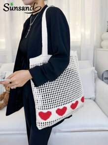 Summer Fashion Vacation Beach Bag, Elegant White Women's Bag, Crochet Bag Women's Handbag, Lunch Bag, Shoulder Bag Travel Essentials, Cruise Essentials, Suitable For Daily Leisure, Vacation, Shopping And Clothing Matching Business Casual Women, College Students, Mother's Day Gifts Wedding Bride Bridesmaid Gifts