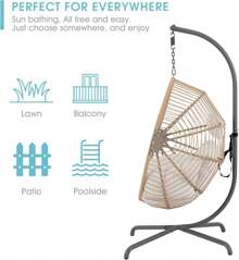 Silla colgante tipo huevo para interiores y exteriores con soporte, silla colgante tejida con cuerda con forma de capullo sobredimensionada, cojín, correa de seguridad, silla de hamaca plegable de mimbre para terraza, jardín, dormitorio (Blanco crema)