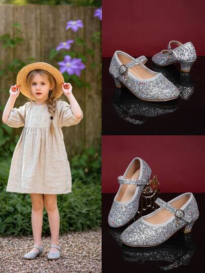 1 Pair Silver Children's Thick Heel Dance Shoes, Shiny Sequin PU Material, Strap Hook And Loop Non-Slip Design, Round Toe Horse Hoof Heel, Elevator Fashion Charming Little Princess Shoes, Suitable For Students, Daily Gatherings, Performances