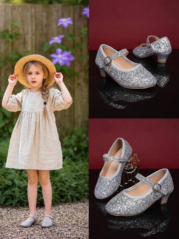1 Paar silberne Kindertanzschuhe mit dickem Absatz, glänzendes Pailletten-PU-Material, Klettverschluss-Design, rutschfest, runde Zehenkappe mit Pferdehufsabot-Absatz, elegante kleine Prinzessinnenschuhe, geeignet für Schüler, tägliche Zusammenkünfte, Aufführungen
