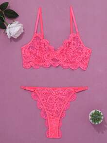 女士性感内衣网眼透视吊带背心 2 件套 - 螢光粉 - 查看 6