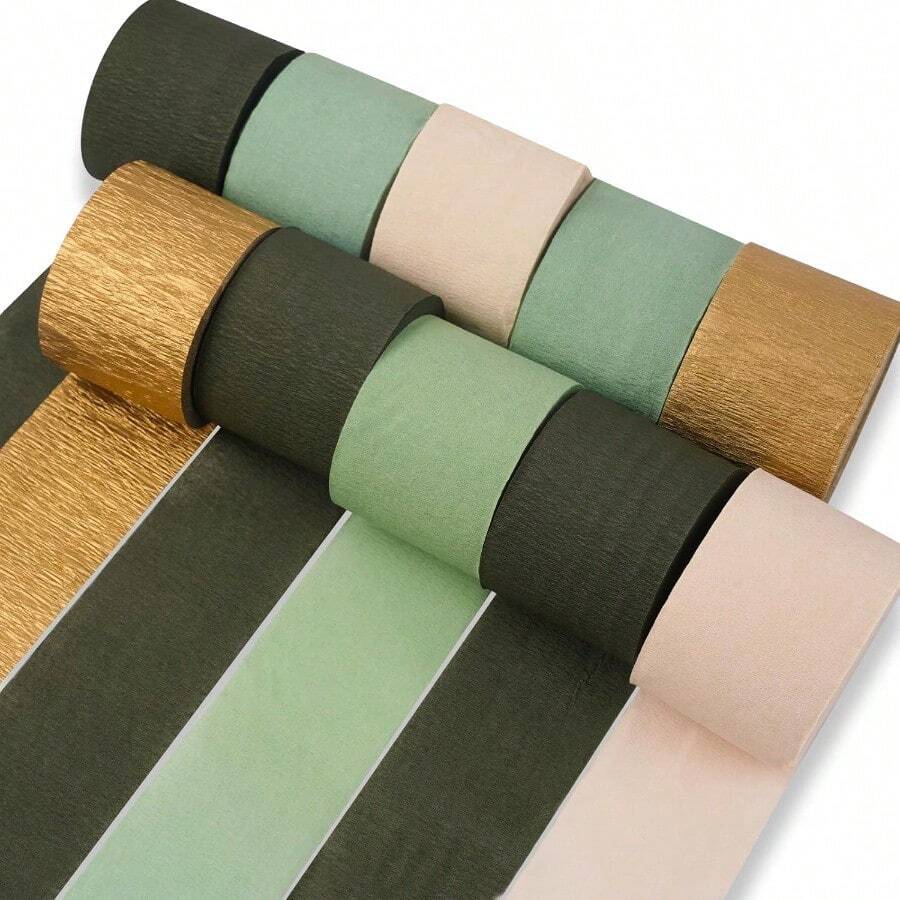 Serpentinas de papel crepé verde 10 rollos 820 pies Paquete de dorado y tonos de verde salvia Serpentinas de papel crepé para decoraciones de graduación, boda, fiesta de la jungla y cumpleaños 1.8 pulgadas x 82 pies por rollo - RetroVerde-9021 - Ver 1