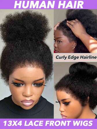 4C Edges Wig Human Hair Hairline Kinky Straight 13X4 Lace Front Wigs Transparent Lace Frontal Wigs Human Hair With Curly Baby Glueless Frontal Wig Natural Pre Plucked 180% Density